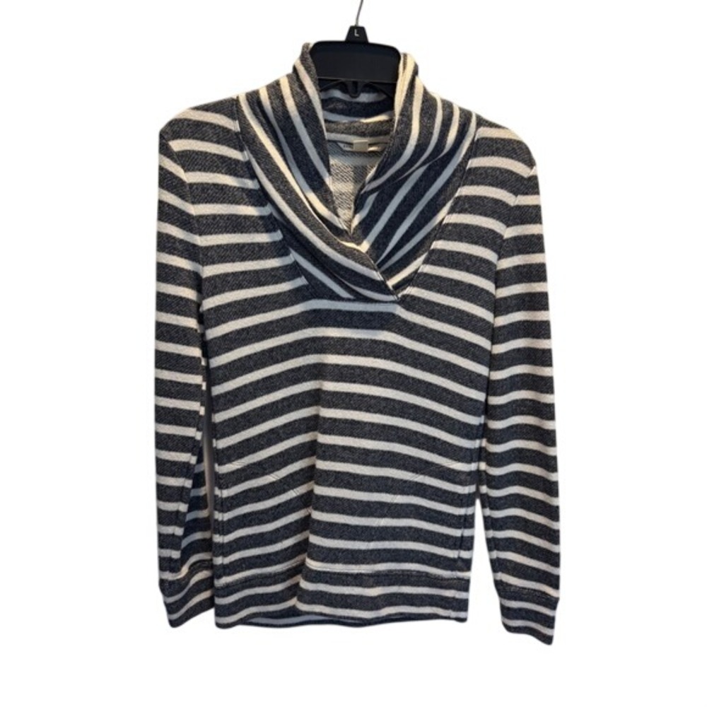 🌴 Banana Republic Womens XS Grey White Striped Shawl Collar Pullover Sweater